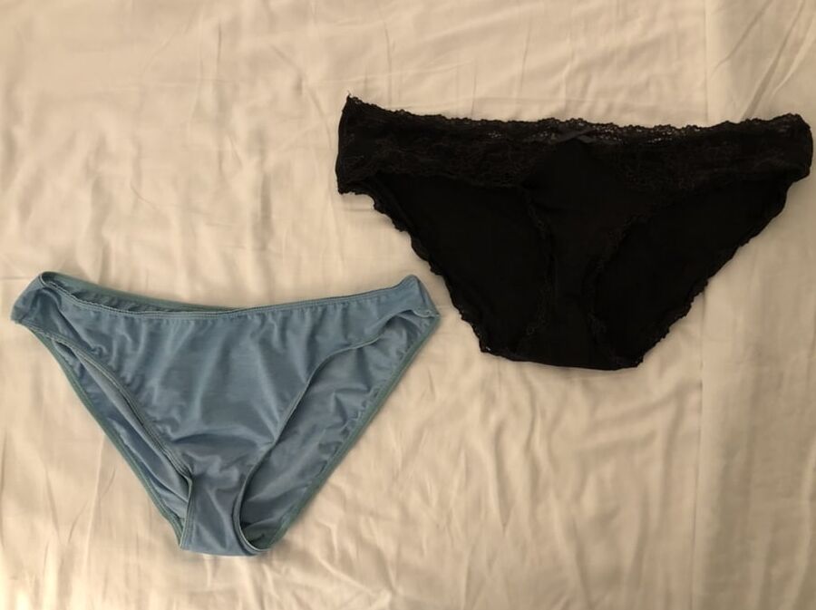 My cock, wife down pants and a pile of dirty panties