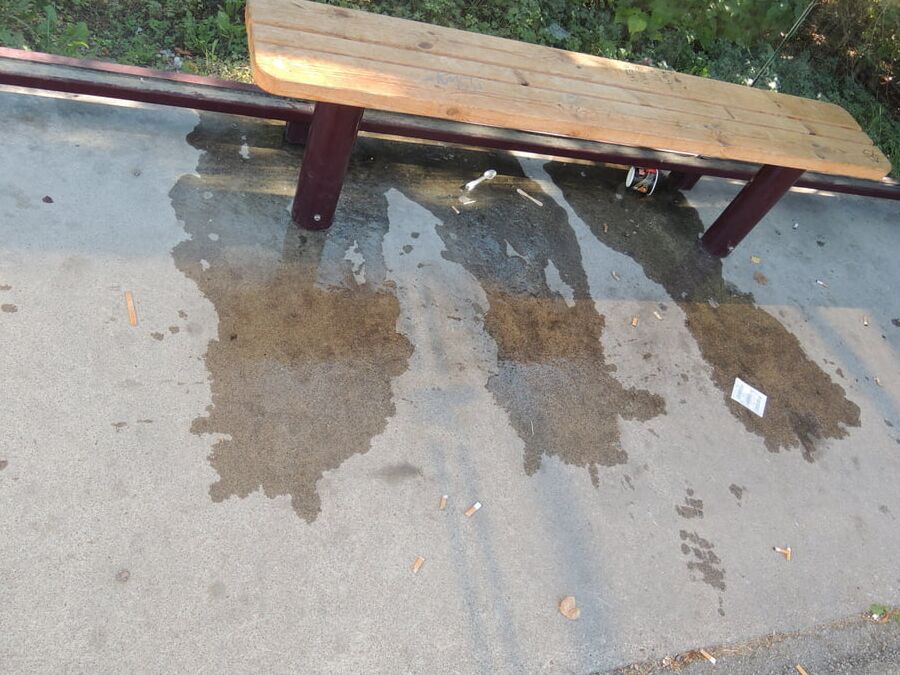 My piss puddles at the bus stop