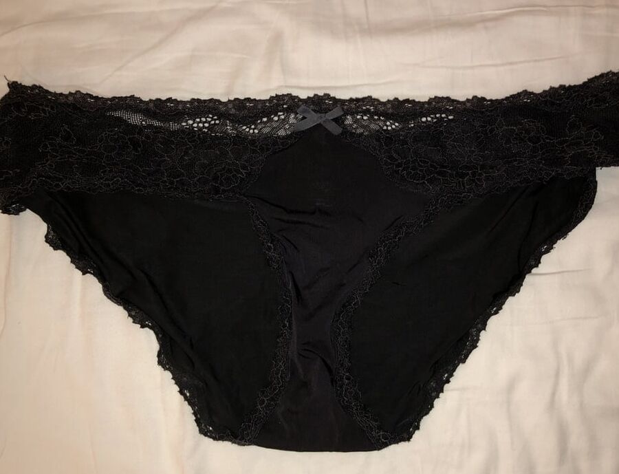 My cock, wife down pants and a pile of dirty panties