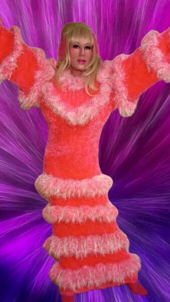 crossdressed in Fluffy deco fur dress fetish