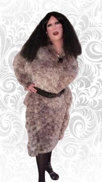 crossdressed in Fluffy deco fur dress fetish