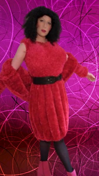 crossdressed in Fluffy deco fur dress fetish