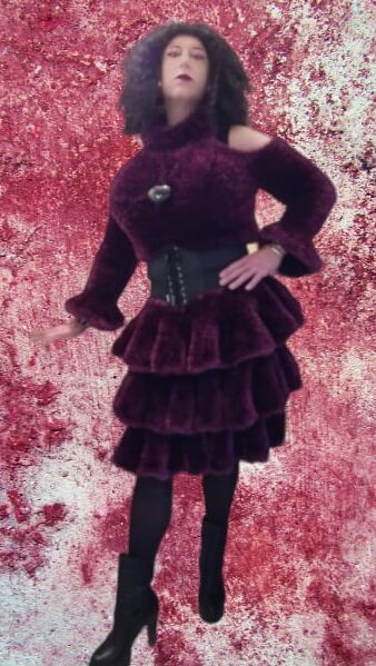 crossdressed in Fluffy deco fur dress fetish