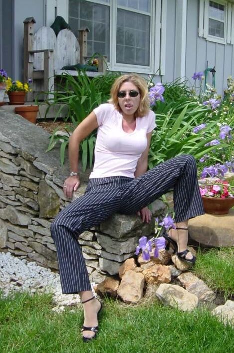 Blue Pinstripe Pants And Beige Pantyhose