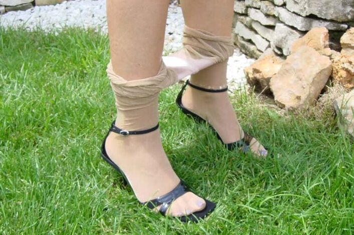 Blue Pinstripe Pants And Beige Pantyhose