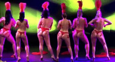 Burlesque women in red thongs