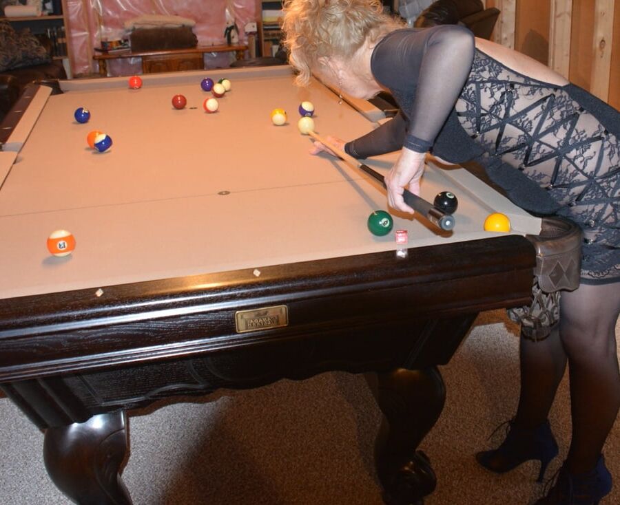 Playing Pool in an Open-front Navy Blue Dress