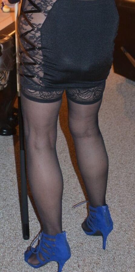 Playing Pool in an Open-front Navy Blue Dress