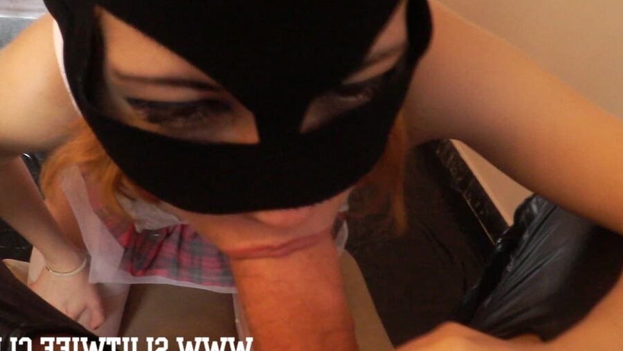 Teen girl gets a blowjob lesson and gags hard on the cock