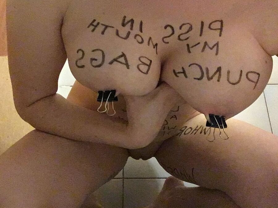 Slave with floppyy udders humiliates herself
