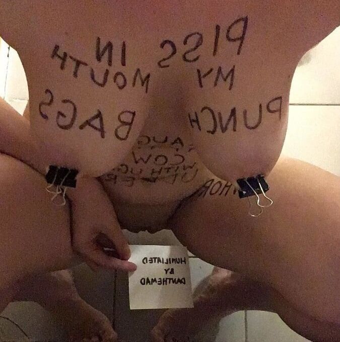 Slave with floppyy udders humiliates herself