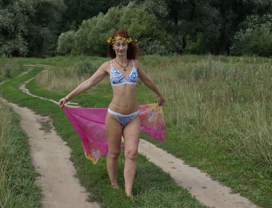 With a pink shawl