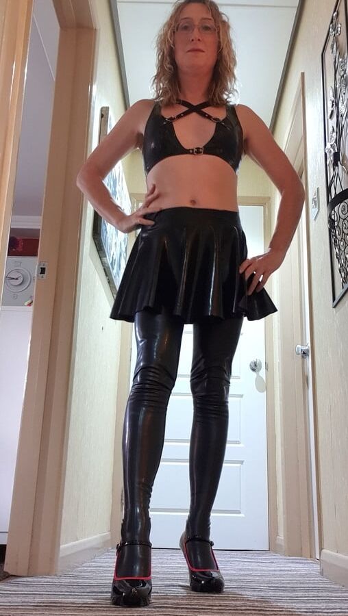 Black Latex Bra Skirt Suspenders and Stockings No Panties