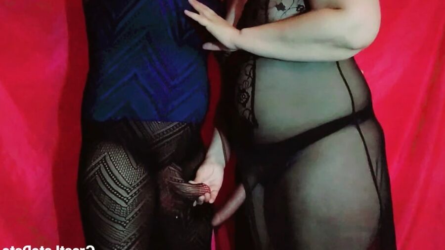 Her Big Cock Makes Him Hard - Handjob and Strap on Play