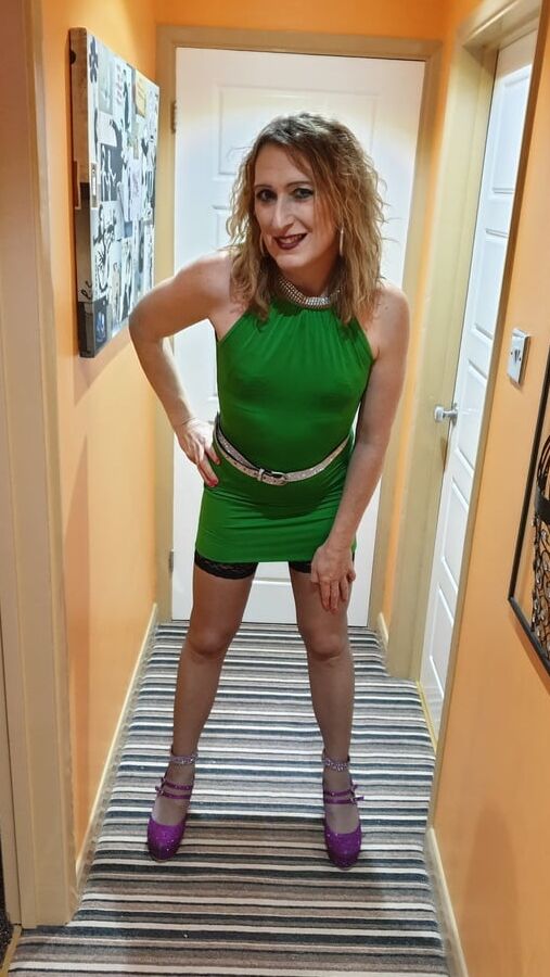 Short Green Dress, Black Stockings, Slut Shoes