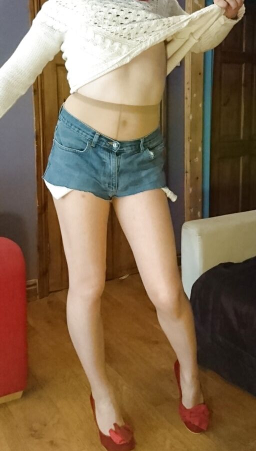 Marie crossdresser denim cut-offs and nude pantyhose