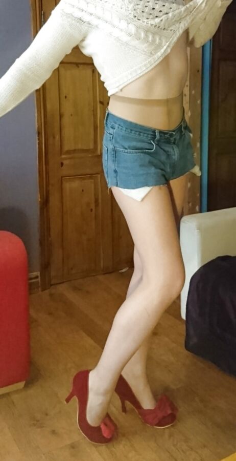 Marie crossdresser denim cut-offs and nude pantyhose