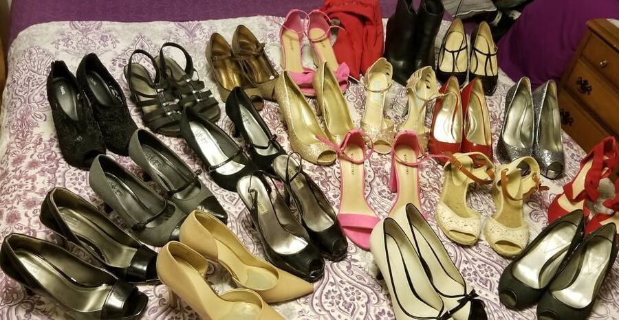 Playing in my shoe closet pretty feet heels flats milf wife