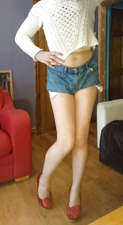 Marie crossdresser denim cut-offs and nude pantyhose