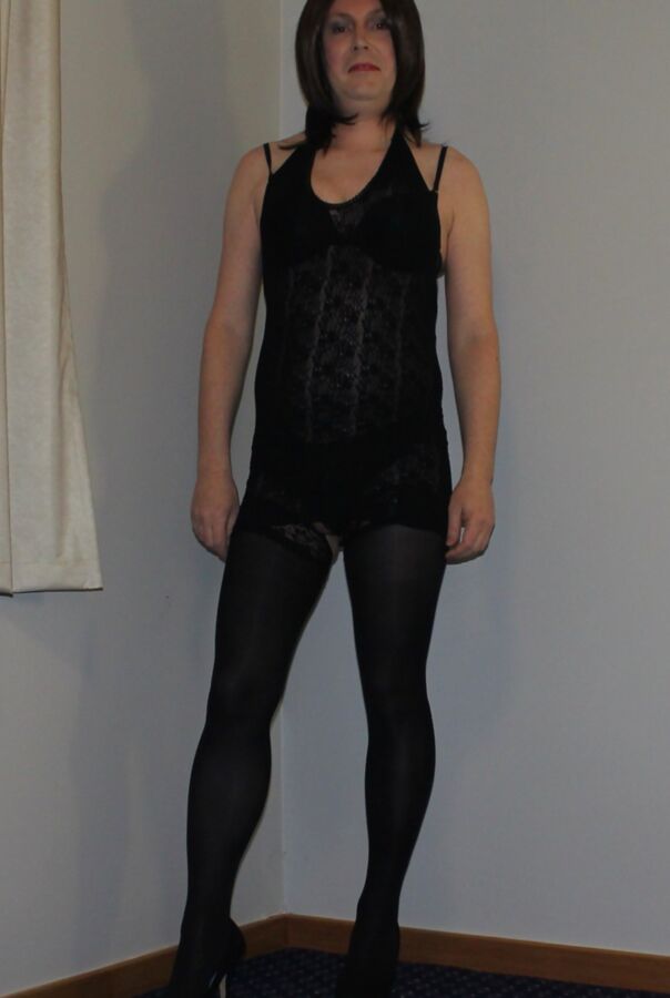 Marie crossdresser in red lace dress and sheer pantyhose
