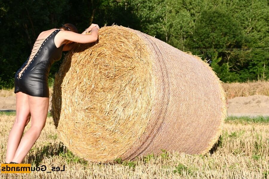 MILF in wetlook in hay bales