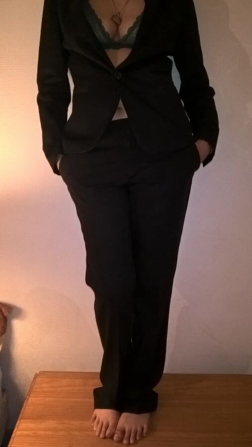 My beautiful hairy wife in suit and green lingerie