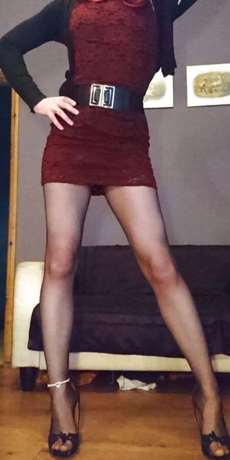 Marie crossdresser in red lace dress and sheer pantyhose
