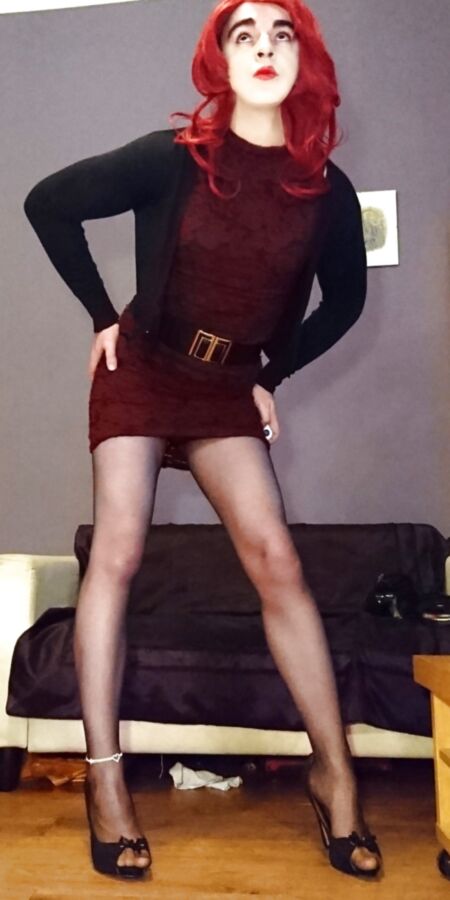 Marie crossdresser in red lace dress and sheer pantyhose