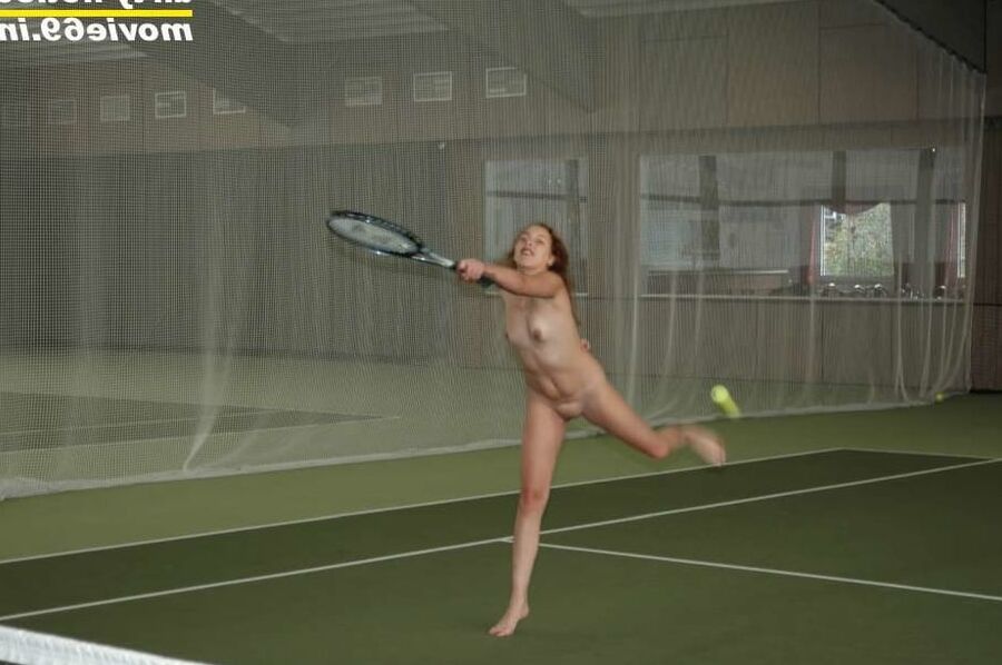 Nathalie plays naked tennis in a tennis hall