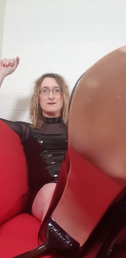 Black Shiny PVC Long bare Legs and Sexy Stilettos