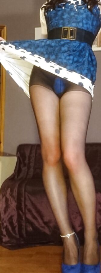 Marie crossdresser blue dress and sheer pantyhose