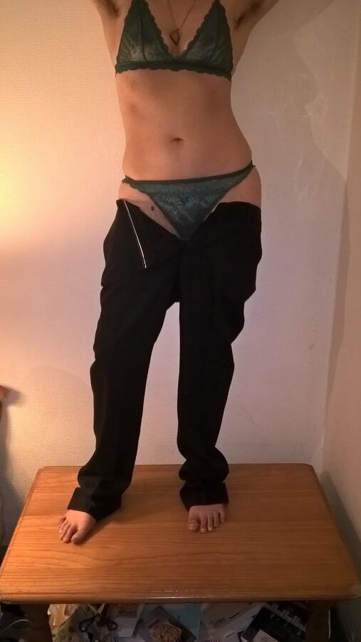 My beautiful hairy wife in suit and green lingerie