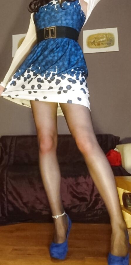 Marie crossdresser blue dress and sheer pantyhose