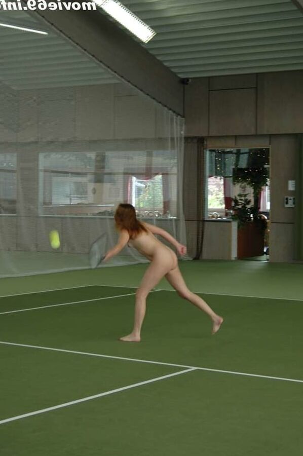 Nathalie plays naked tennis in a tennis hall