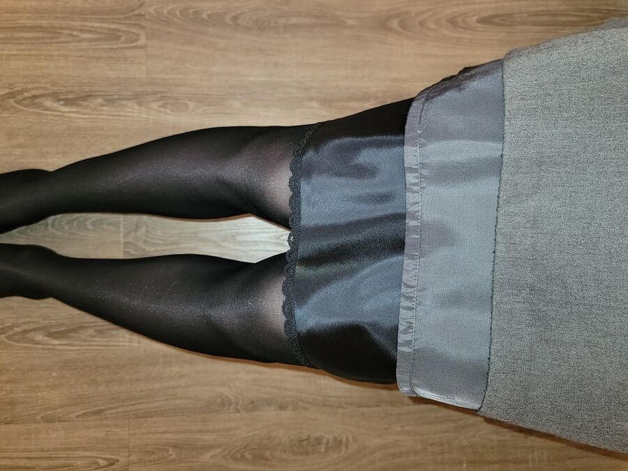 Grey Pencil Skirt with black silky half slip