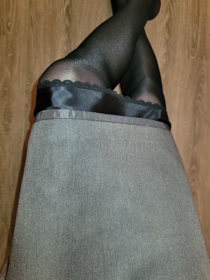Grey Pencil Skirt with black silky half slip