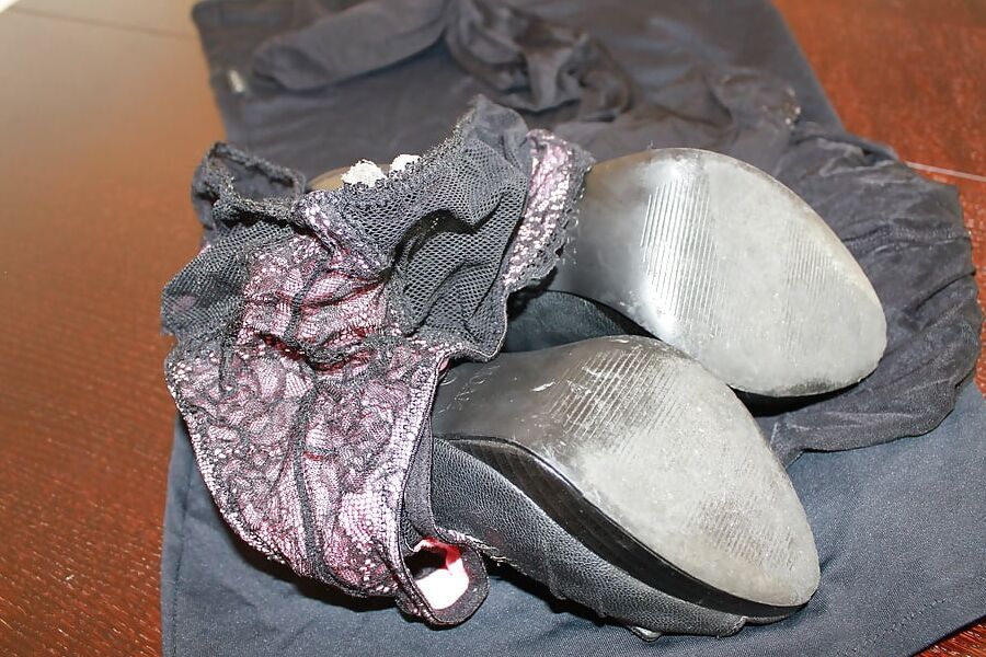 little black dress, panties, pantyhose, cum on heels