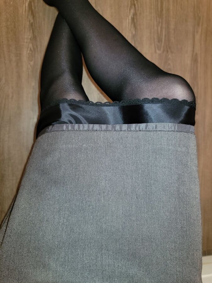 Grey Pencil Skirt with black silky half slip