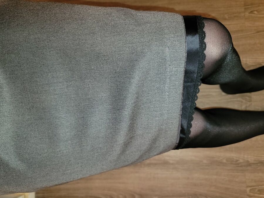 Grey Pencil Skirt with black silky half slip