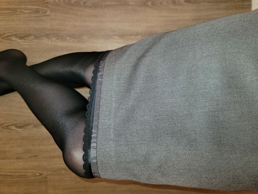 Grey Pencil Skirt with black silky half slip