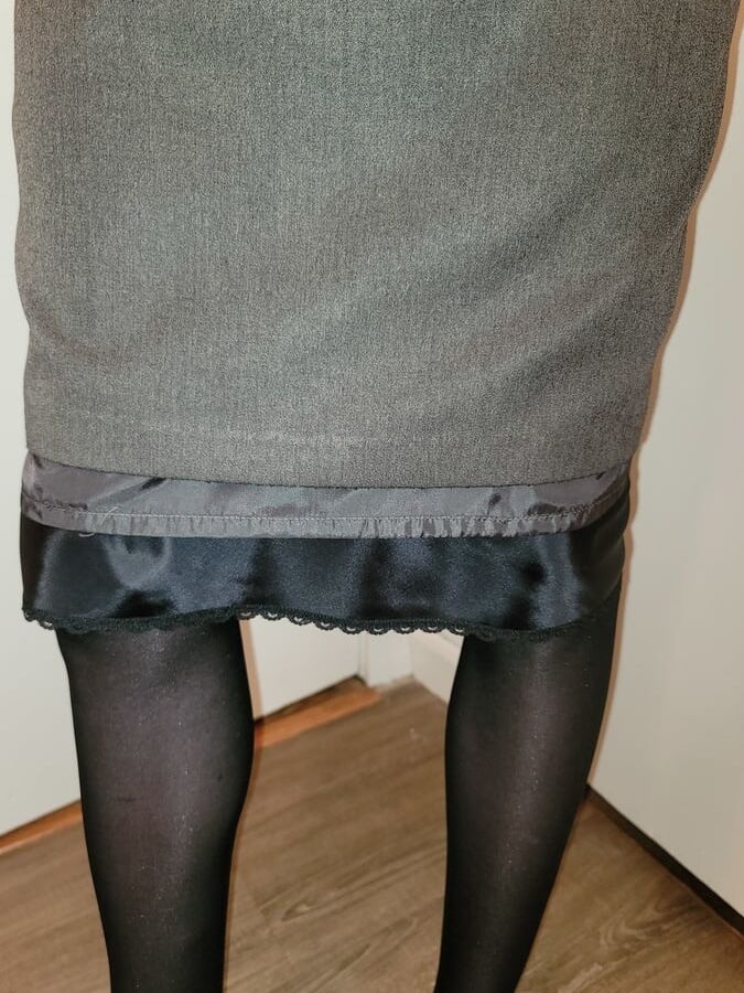 Grey Pencil Skirt with black silky half slip