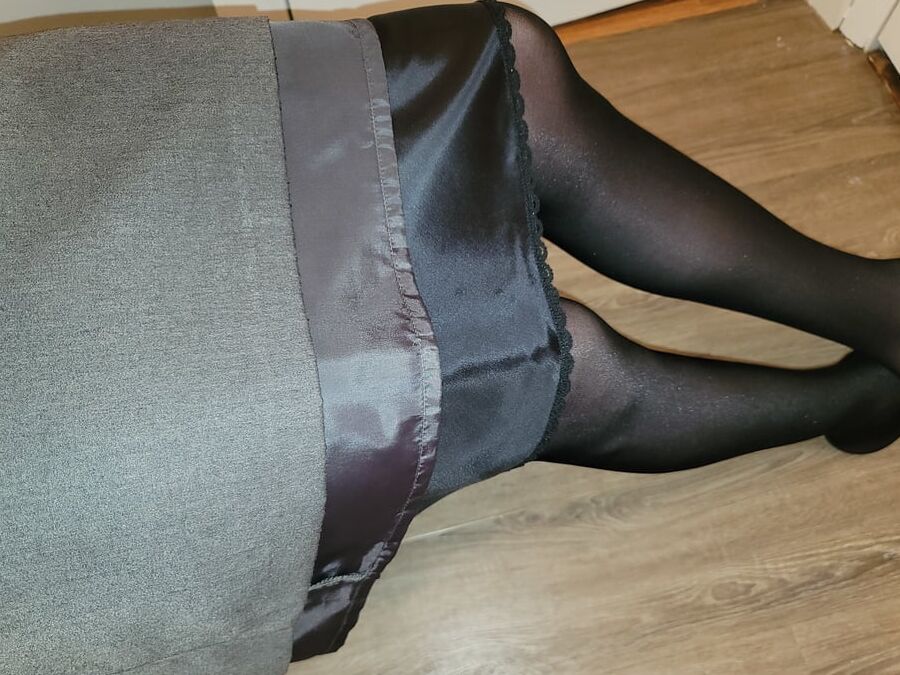 Grey Pencil Skirt with black silky half slip