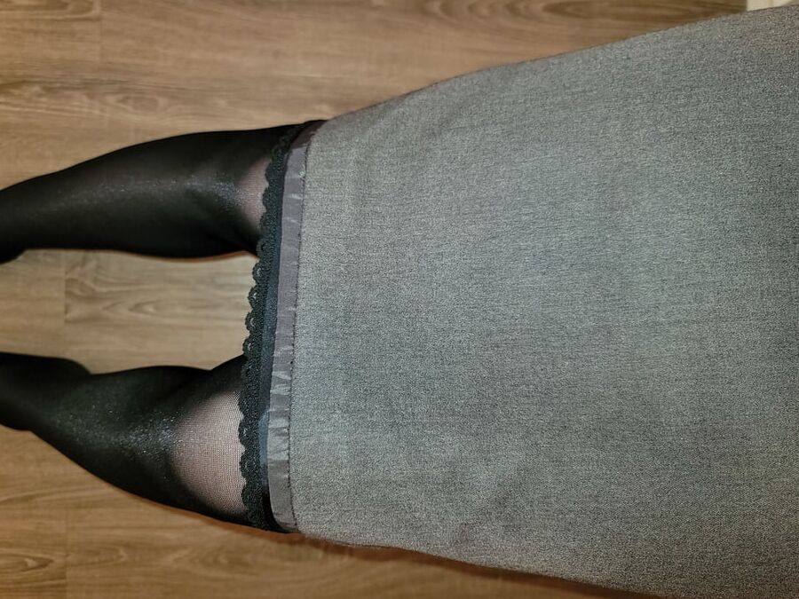 Grey Pencil Skirt with black silky half slip