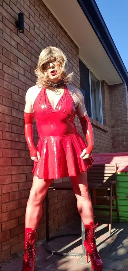 Rachel Wears Red PVC Dress