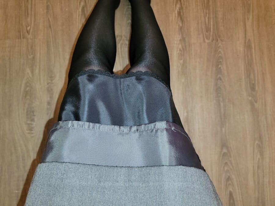 Grey Pencil Skirt with black silky half slip