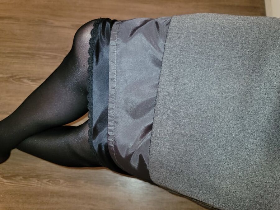 Grey Pencil Skirt with black silky half slip
