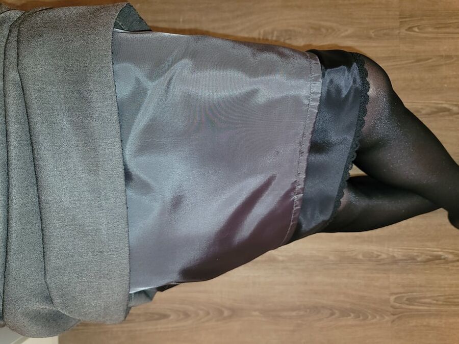 Grey Pencil Skirt with black silky half slip