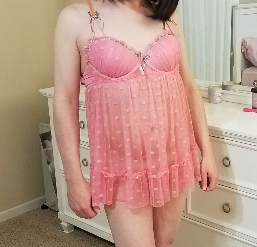 Crossdressing Sissy in Her Girly Pink Babydoll