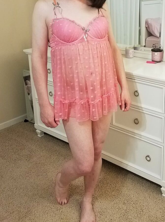 Crossdressing Sissy in Her Girly Pink Babydoll