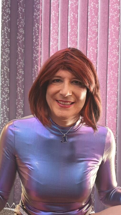 Sissy Lucy showing off in metalic bodycon dress and chastity